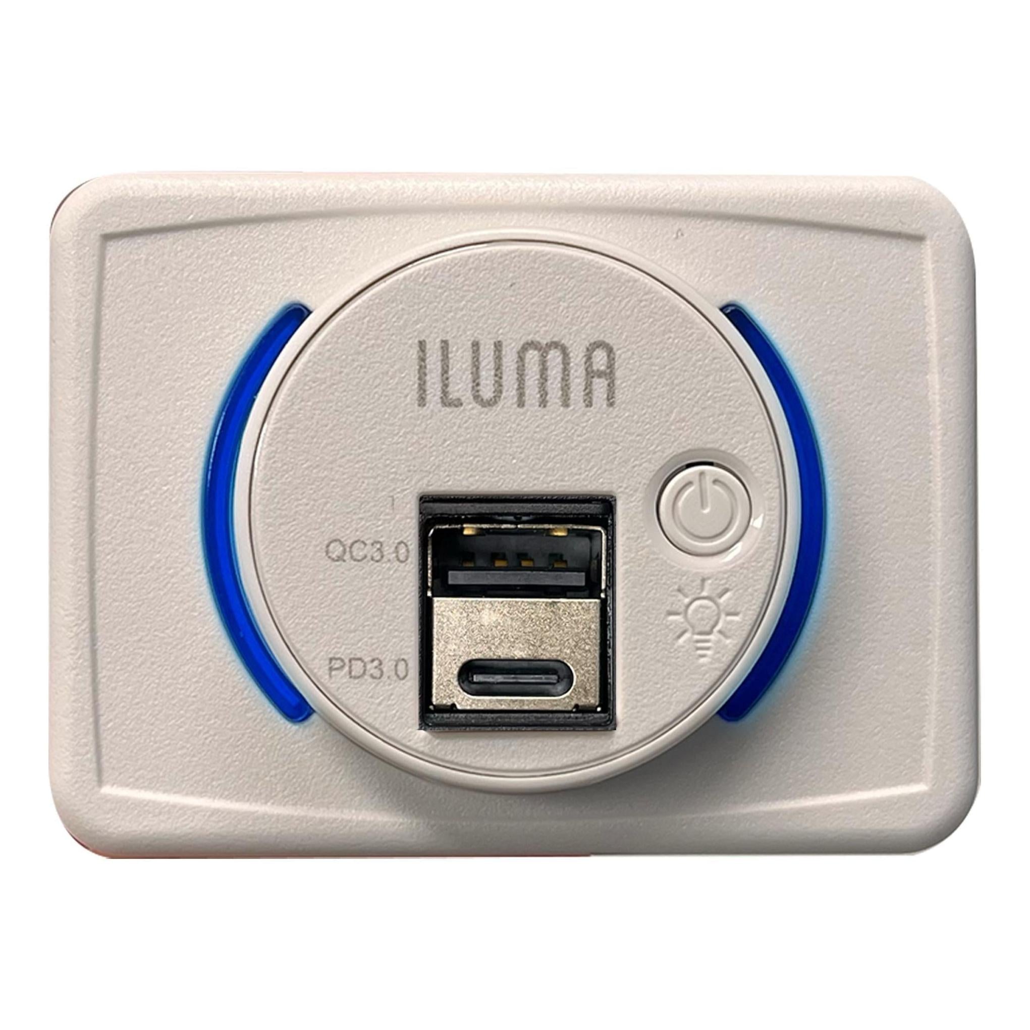 Iluma 12V/24V USB/USB-C Flush Mount Power Socket inc On/Off Light Switch 63x47mm White