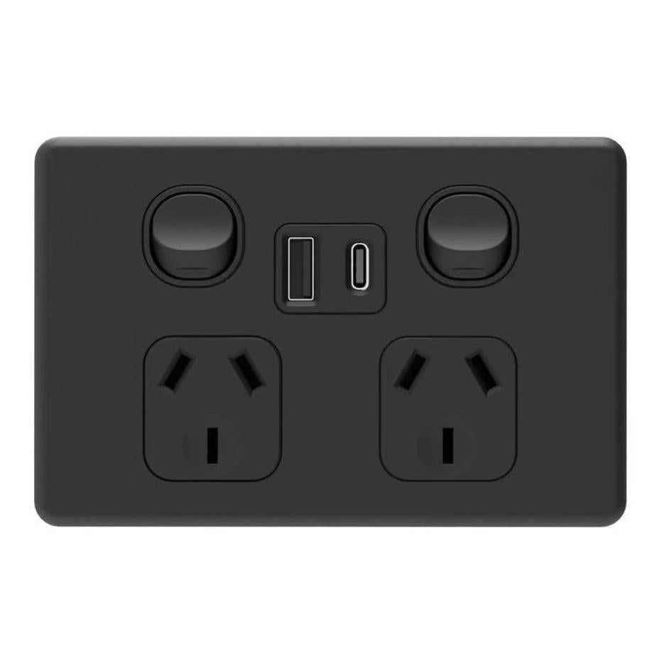 Iluma Double Pole 10A Double GPO Powerpoint Inc USB / USB-C 4.2A - Black