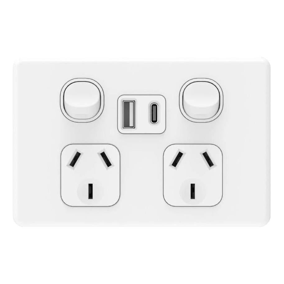 Iluma Double Pole 10A Double GPO Powerpoint Inc USB / USB-C 4.2A - White