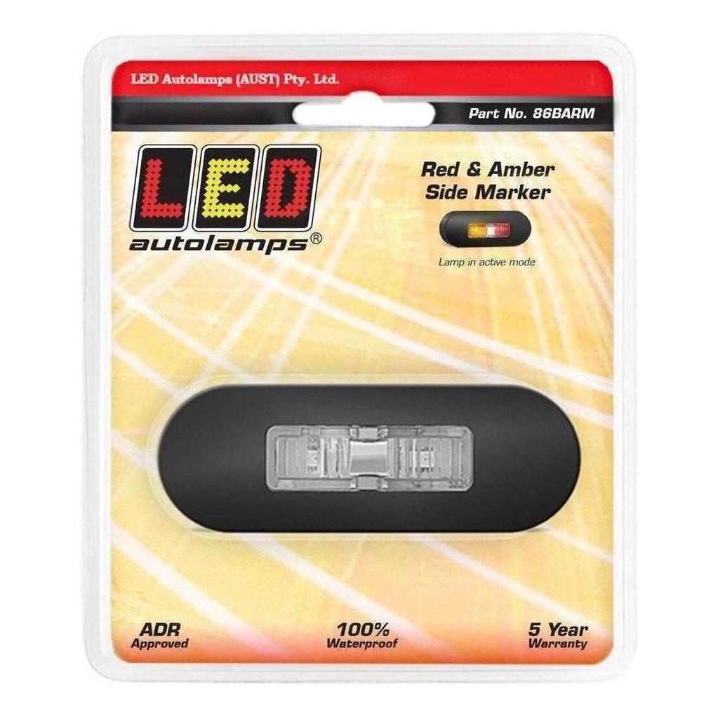 LED Autolamp 12V/24V Amber/Red Side marker Clear Lense & Black Bezel 86x31x16mm Blister