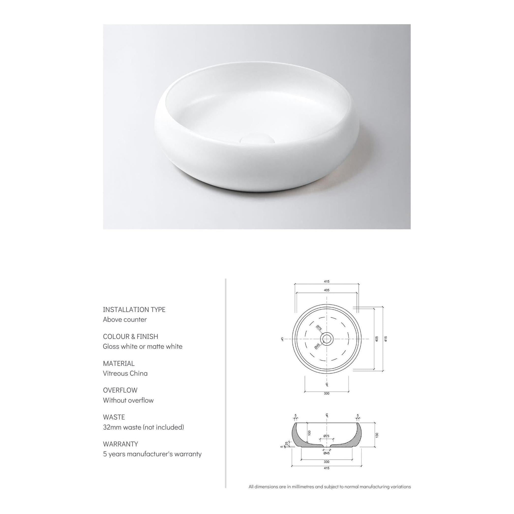 Luna Ceramic Basin Sink Round 415 x 415 x 130 - Gloss White