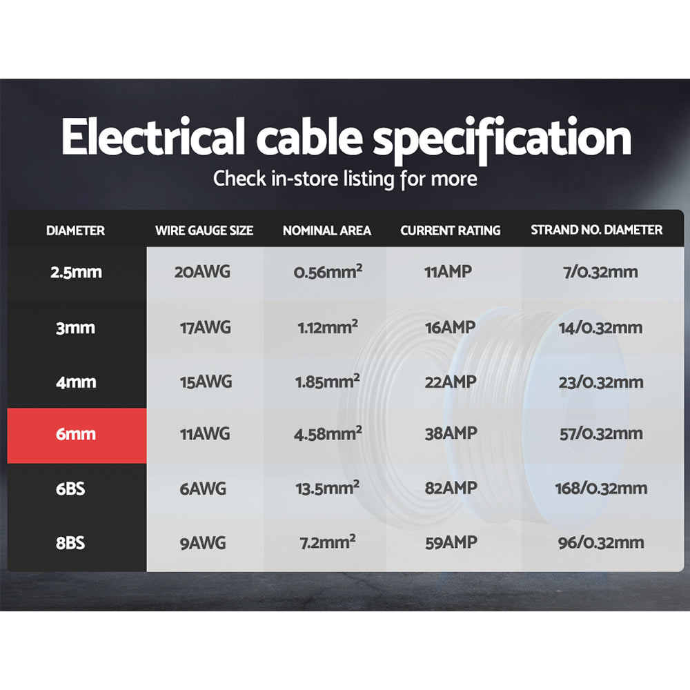 Giantz 6MM 60M Twin Core Wire Electrical Cable Extension Car 450V 2 Sheath