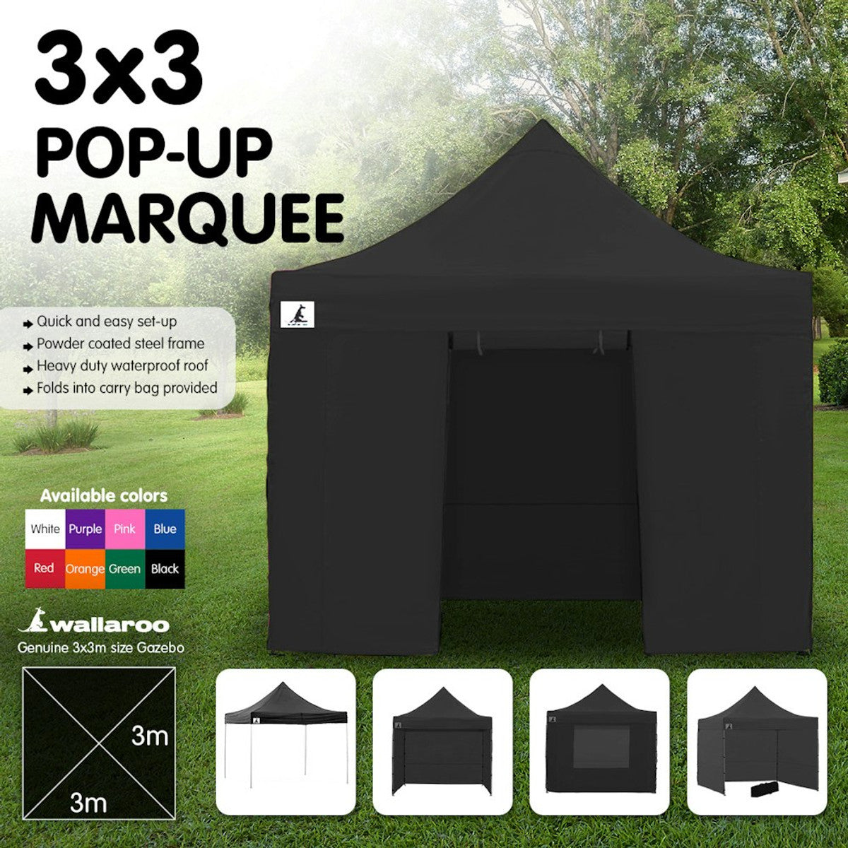 Wallaroo Gazebo Tent Marquee 3x3 Black