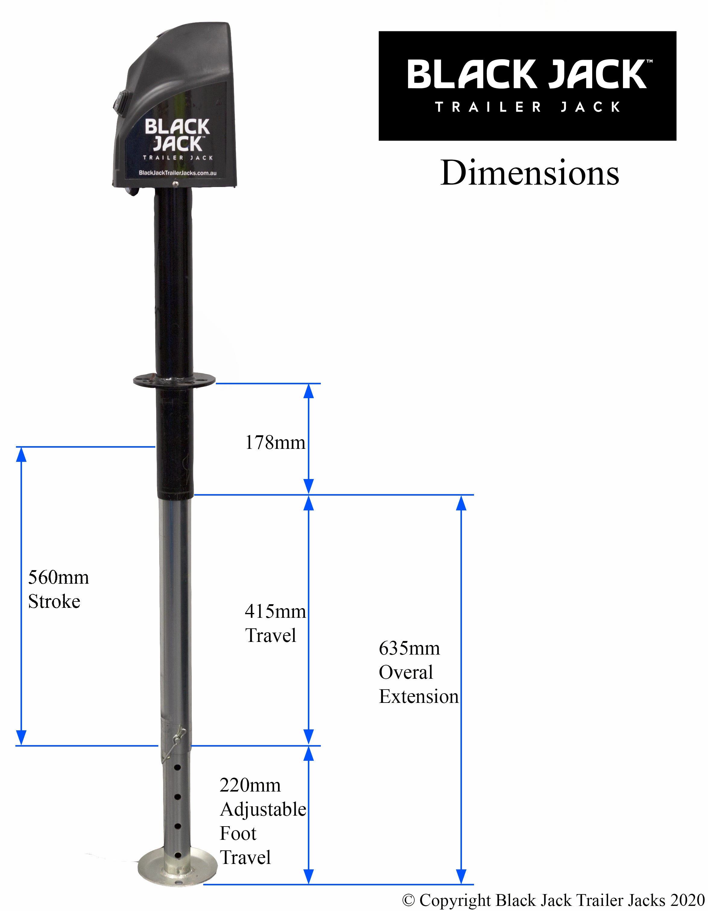 Black Jack - Electric Caravan Trailer Jack updated dimensions