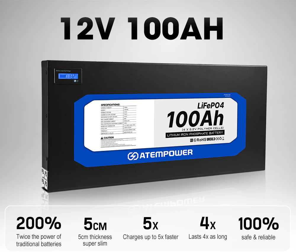 ATEM POWER 12V Slimline Lithium Battery LiFePO4 Deep Cycle 100Ah