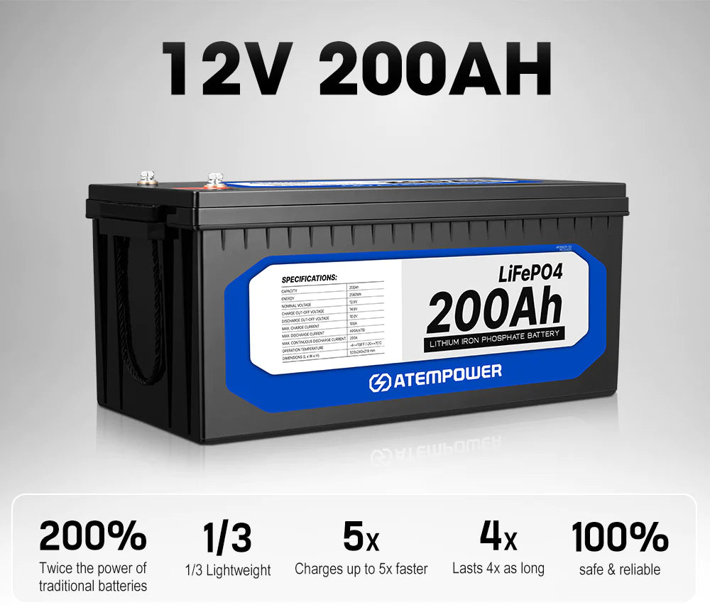 ATEM POWER 12V Lithium Battery LiFePO4 200Ah