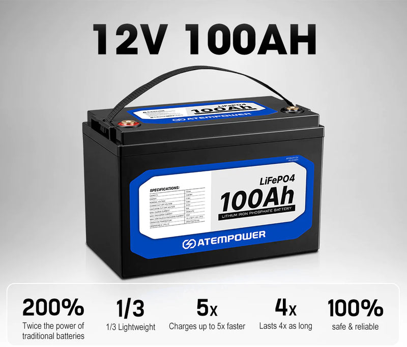 ATEM POWER 12V Lithium Battery LiFePO4 100Ah
